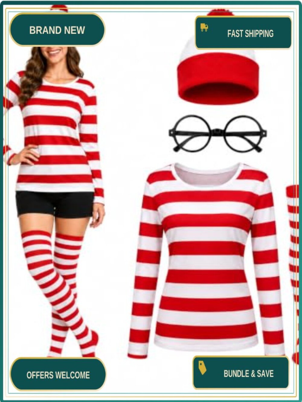 4 Piece Halloween Costume Set Striped Shirt Socks Beanie Glasses